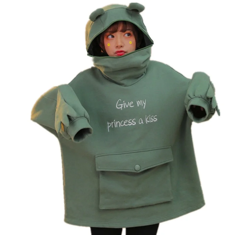 Elegant and noble Mori Women's Autumn Thick Hooded Sweatshirt in Kawaii Frog Design