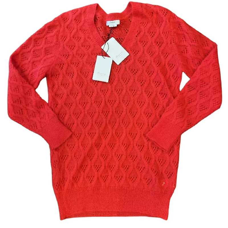 Dynamic Fashion Women's Pointelle Mohair Pullover Knit Sweater In Red