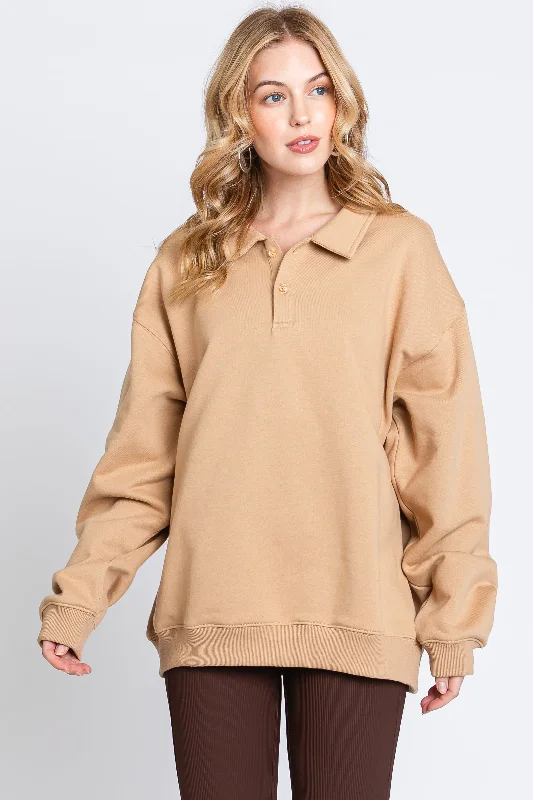 Retro Literary Style Taupe Collared Pullover Sweatshirt