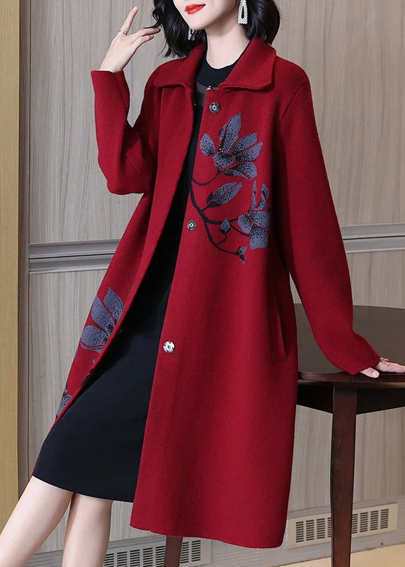 Sports Cool Jacquard Red Peter Pan Collar Button Pockets Woolen Coat Spring