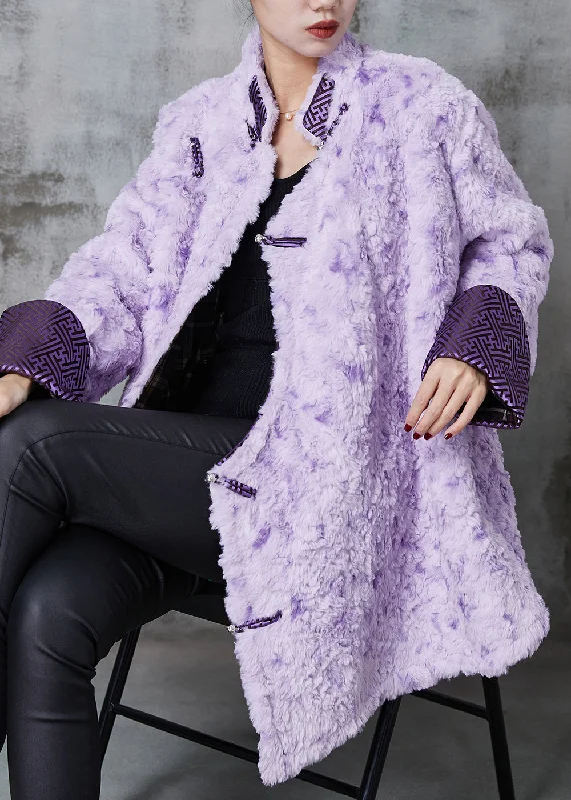 Sweet Fresh Feeling Art Purple Mandarin Collar Chinese Button Faux Fur Coats Spring