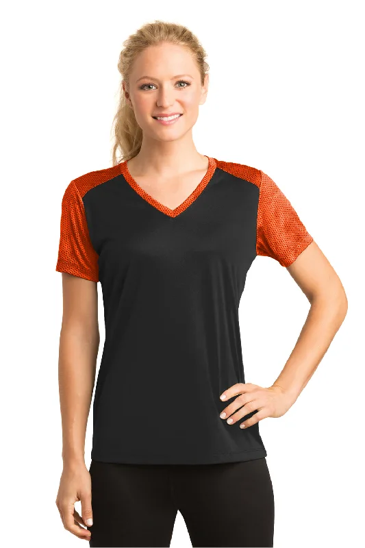 High-waisted pants style Sport-Tek Womens CamoHex Moisture Wicking Short Sleeve V-Neck T-Shirt - Black/Neon Orange - Closeout