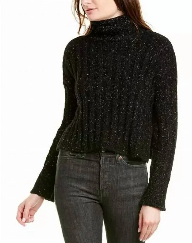 Extra long version Sweater Side Slit Turtleneck Wool Blend Metallic In Black