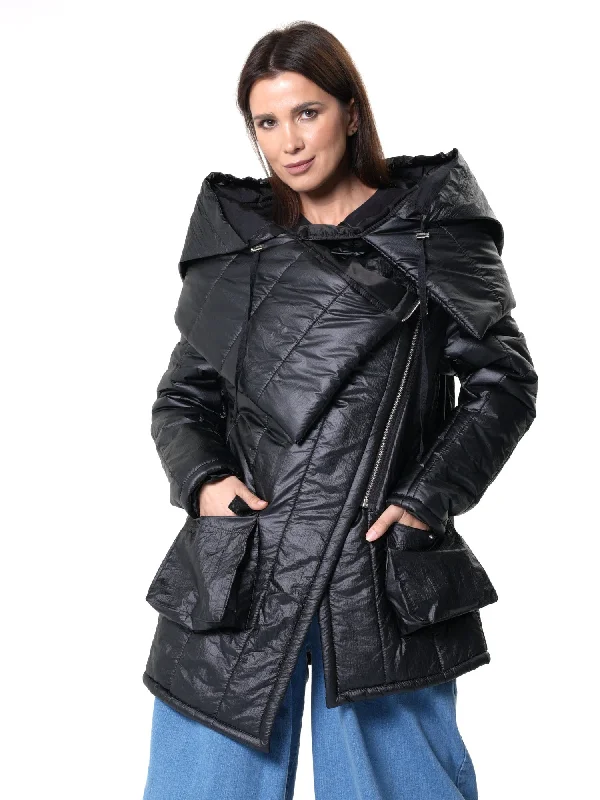 Retro Design Large Collar Puffer Jacket In Black