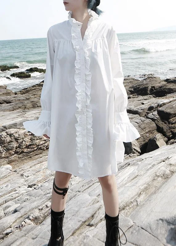 Sweet breath Vivid flare sleeve cotton ruffles Tunics Work white stand collar Art shirt Dress