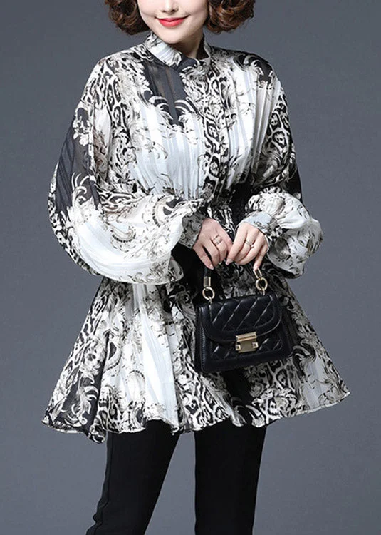 Street Letter Style Vogue Black White Print Elastic Waist Wrinkled Chiffon Tops Lantern Sleeve