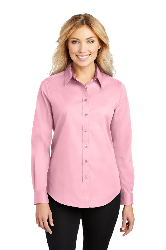 High-waisted pants style Port Authority Womens Easy Care Wrinkle Resistant Long Sleeve Button Down Shirt - Light Pink