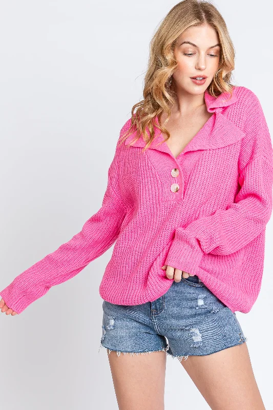 Fashion Style Pink Chunky Knit Front Button Sweater