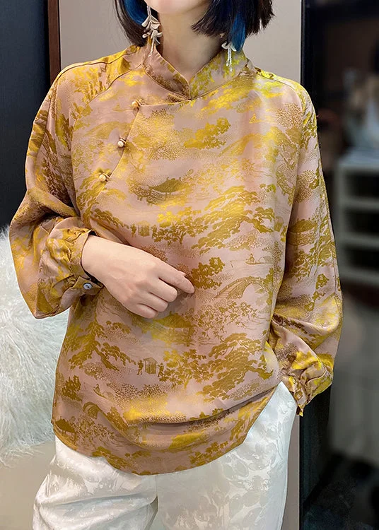 Sweet Fresh Feeling Vintage Yellow Mandarin Collar Button Jacquard Silk Top lantern sleeve