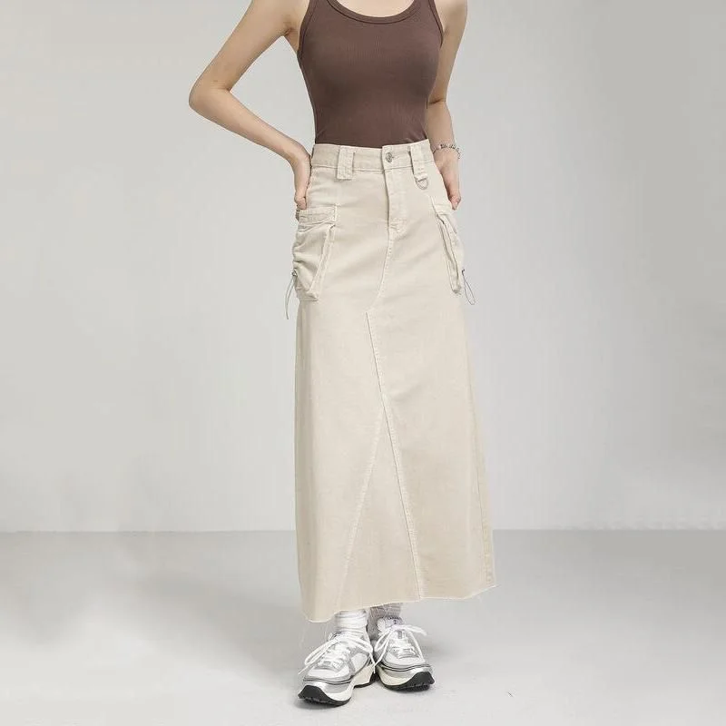 Retro Design Autumn Vintage High Waist Denim Cargo Skirt with Pockets