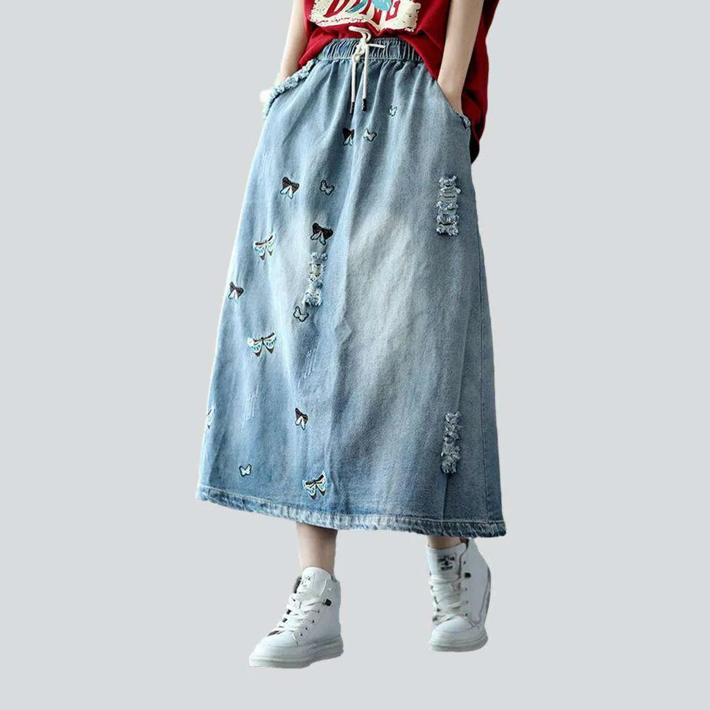 Sports Comfort Style Butterfly embroidery long jeans skirt