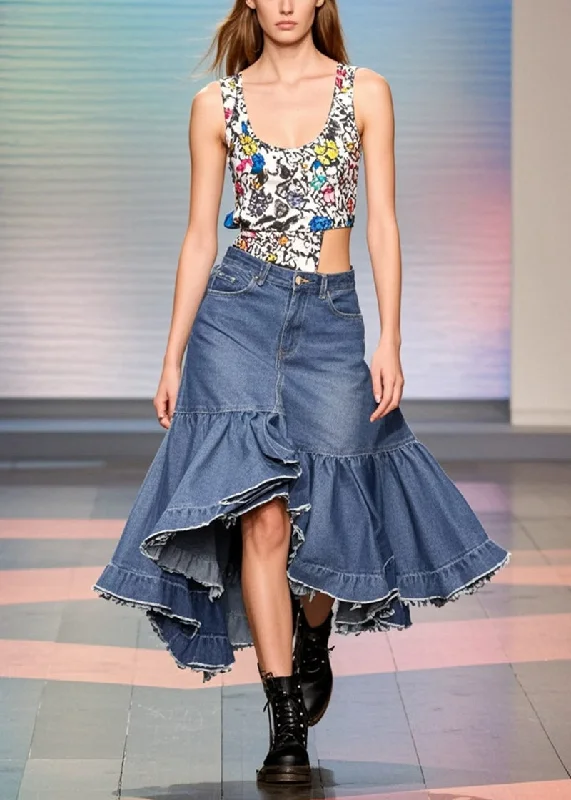 Dynamic Fashion Elegant Blue Ruffled Patchwork Side Open Denim Skirts Spring