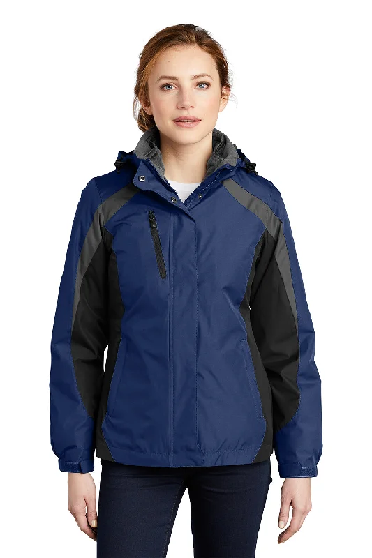 Noble Temperament Port Authority Womens 3-in-1 Wind & Water Resistant Full Zip Hooded Jacket - Admiral Blue/Black/Magnet Grey