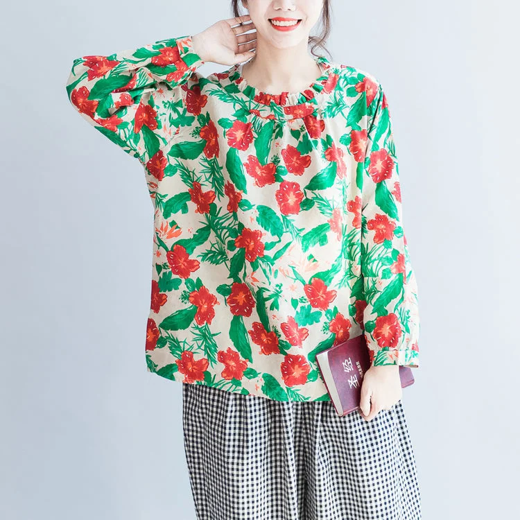 Alice style red green floral 2024 linen tops oversize vintage long sleeve t shirt