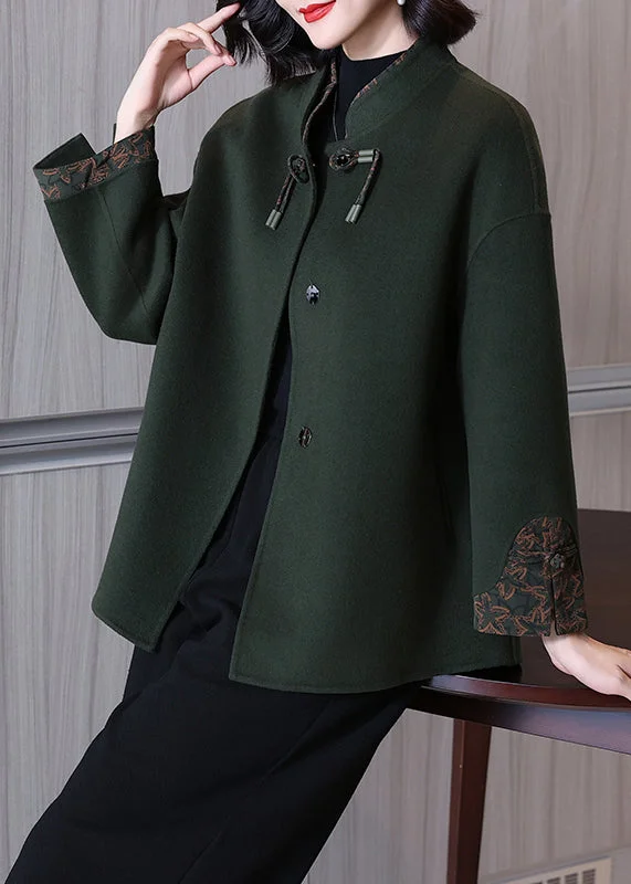 Street Sports Shoes Elegant Blackish Green Solid Button Wool Coat Long Sleeve