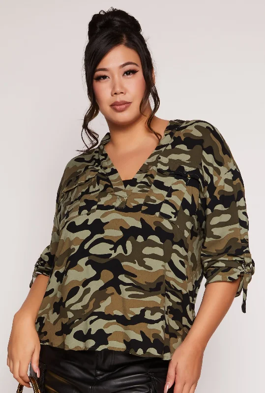 Cool Summer Plus Size Camo V Neck Pocket Detail Blouse