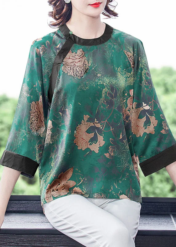 Sports outdoor style Plus Size Green O-Neck Patchwork Print Silk Shirt Tops Bracelet Sleeve