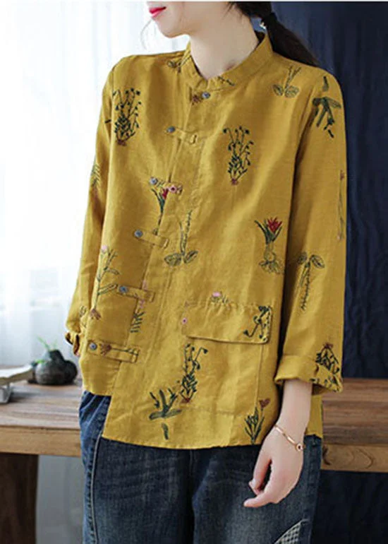 Sweet Small Flower Pattern Vintage Yellow asymmetrical design Button Linen Blouses top Long Sleeve