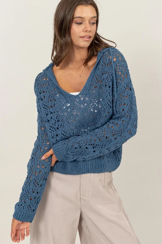 Sweet Soft Feeling Teal Open-Stitch Hoodie Crochet Sweater