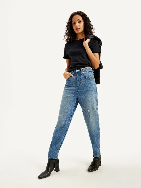 Nightclub Style Women's High Rise Loose Taper Fit Blue Jeans