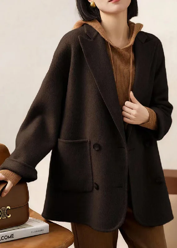 Sweet Student Style Loose Coffee Peter Pan Collar Pockets Patchwork Woolen Coats Winter