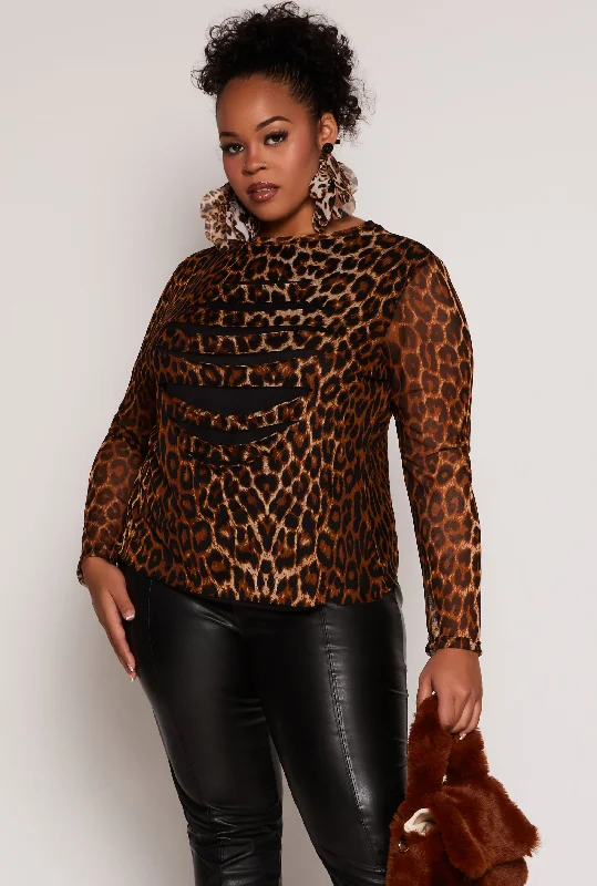 Elegant Style Plus Size Slashed Leopard Print Mesh Top