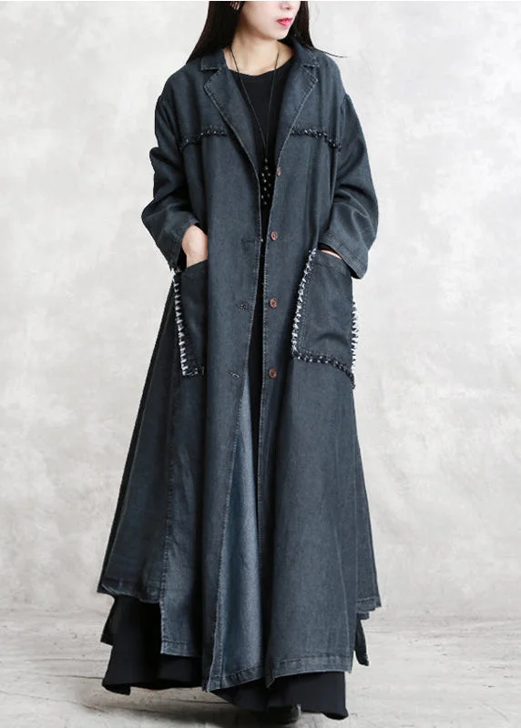 Boutique style women black Winter coat oversized Notched pockets Elegant long sleeve denim patchwork long coats