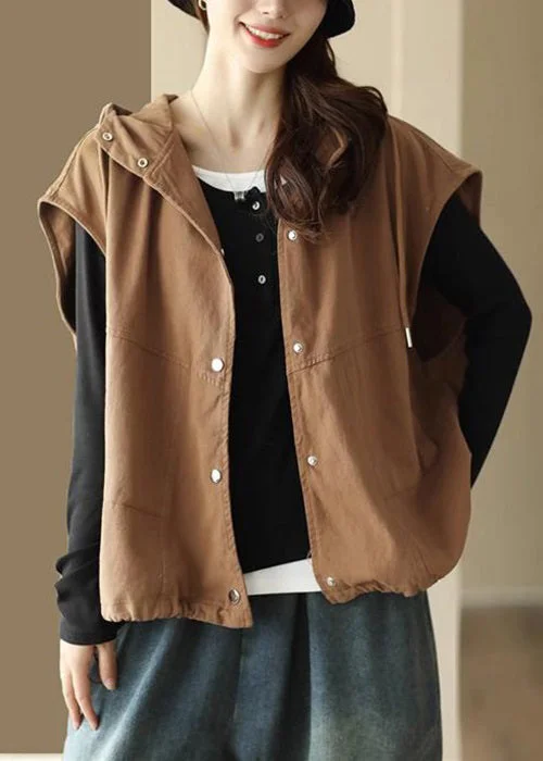 Style Design Loose Coffee Solid Button Drawstring Cotton Waistcoat Sleeveless