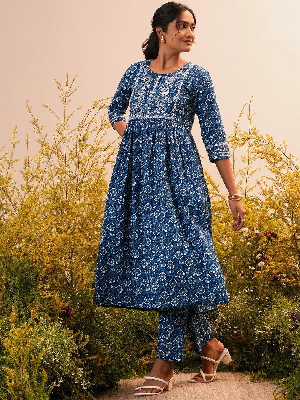 Sweet Modified Style Indigo Printed Cotton A-Line Kurta With Trousers