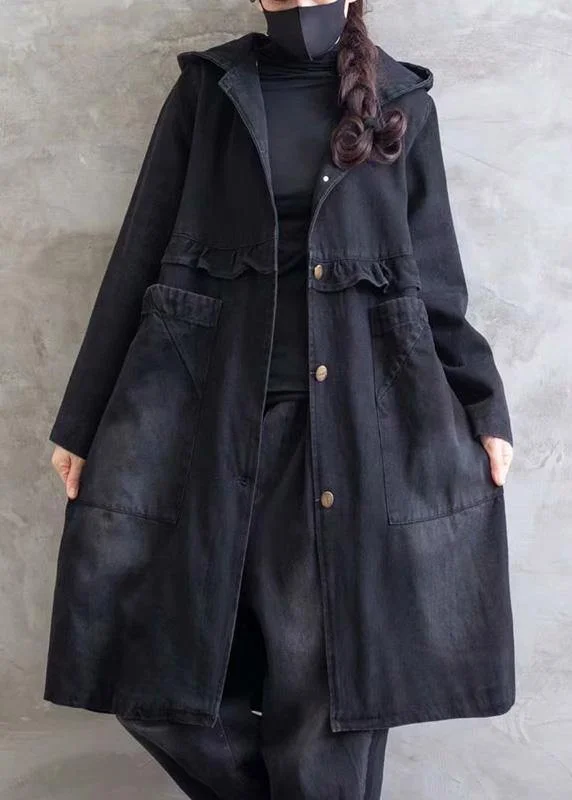 Sports litigation style Women Plus Size Overcoat Denim Black Hooded Ruffles Outwear