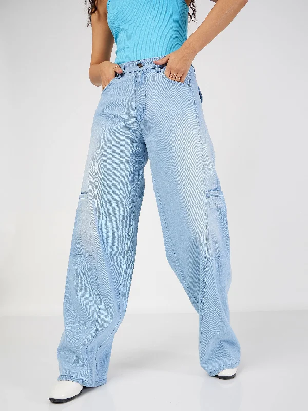 Sports Functional Style Women Ice Blue Wide Leg Jeans