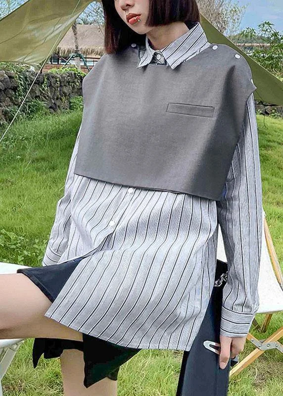 Celebrity Style Vintage Grey Peter Pan Collar Button Fall Striped Shirt Long sleeve