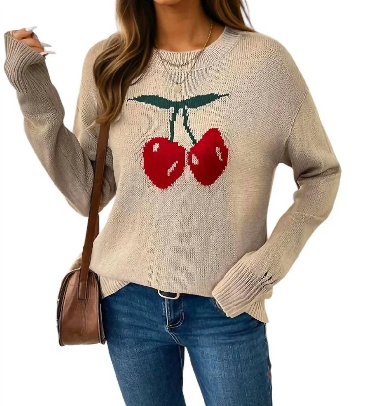 Sports Vitality Style Cherries Crewneck Pullover Distressed Sweater In Khaki