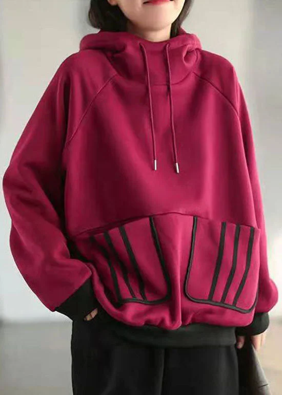 Street Fashion Purple Red Warm Fleece Sweatshirts drawstring Pockets Winter