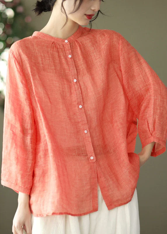 Sweet Student Style Plus Size Orange Stand Collar Linen Blouse Top Bracelet Sleeve