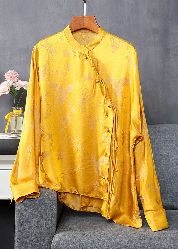 Knowledge And Elegance Vintage Yellow Stand Collar button Jacquard Silk tops Spring