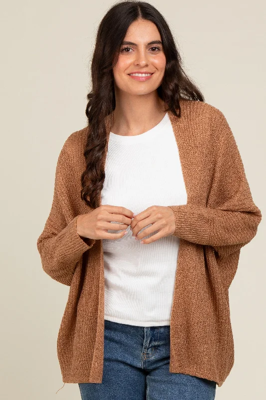 Retro Literary Style Camel Knit Open Front Cardigan