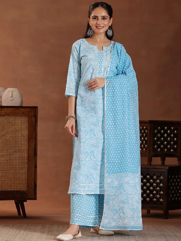 Retro Lace Fabric Blue Printed Cotton Straight Suit With Dupatta