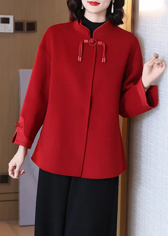 Creative Style Red Pockets Patchwork Wool Coat Stand Collar Spring