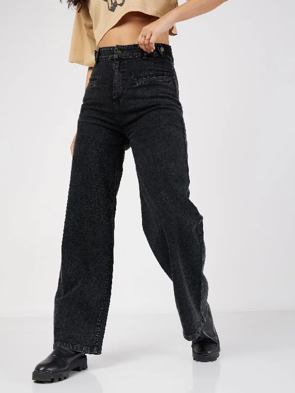 Sports suit style Women Black Bone Pocket Straight Jeans