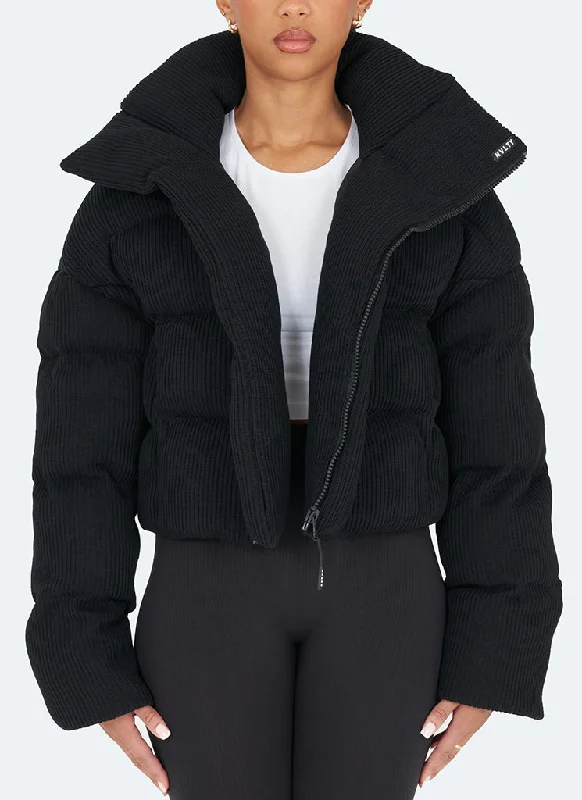 Street Sports Style Knit Shawl Collar Puffer Jacket - Black