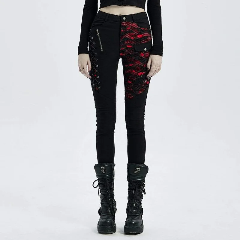 Party Wear Women's Punk Strappy Mesh Splice Skinny Jeans Red