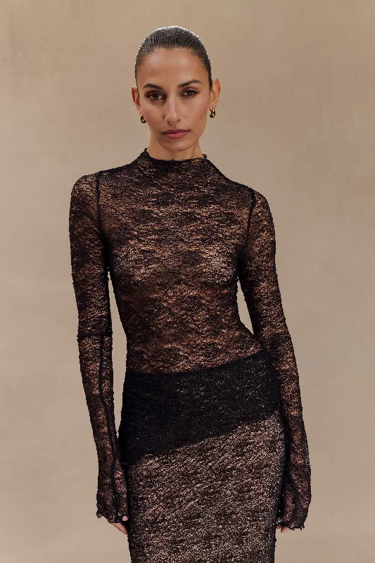 Cool Style Riley Sheer Lace Long Sleeve Top - Black