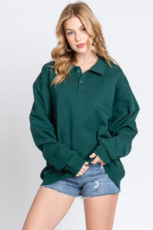 Cool Breeze At Night Hunter Green Collared Pullover Sweatshirt