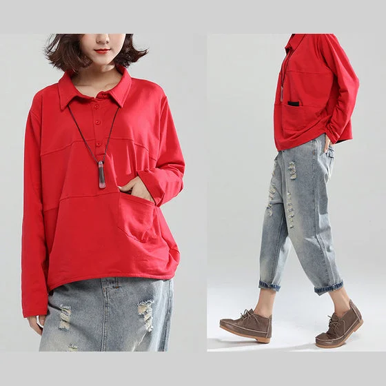 Skirt style red patchwork cotton shirt pullover oversize long sleeve lapel collar tops