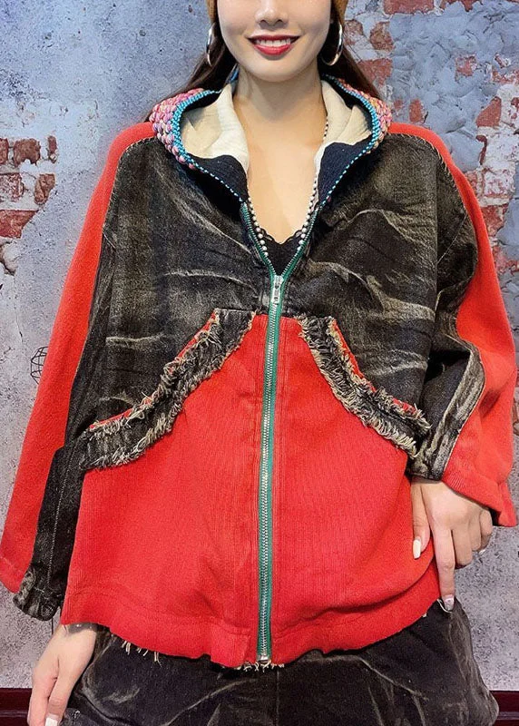 Renaissance Style Loose Red hooded Zippered Fall Denim Coat Long sleeve