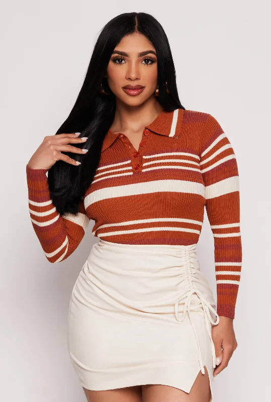 Ultra-lightweight Ribbed Knit Striped Long Sleeve Top