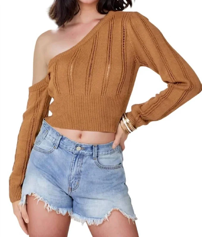 Hooded design Kendra Pointelle Knit One-Shoulder Sweater Top In Toffee