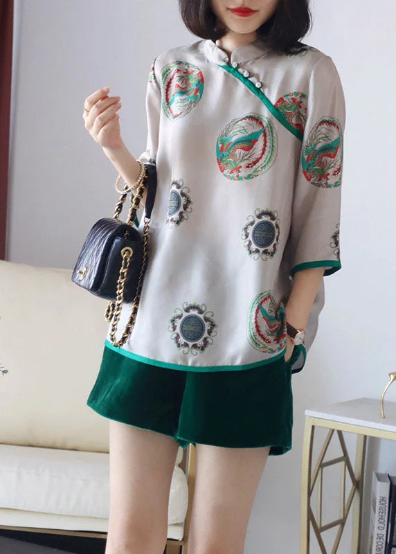 Casual And Casual Vintage Grey Stand Collar button print Patchwork Silk Blouses Spring