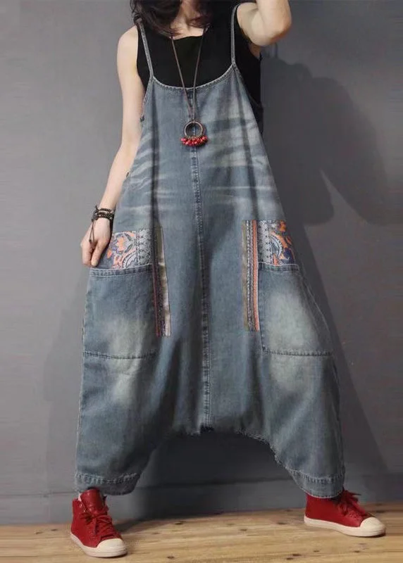 Sports Casual Style French Blue Pockets High Waist Denim Jumpsuit Sleeveless